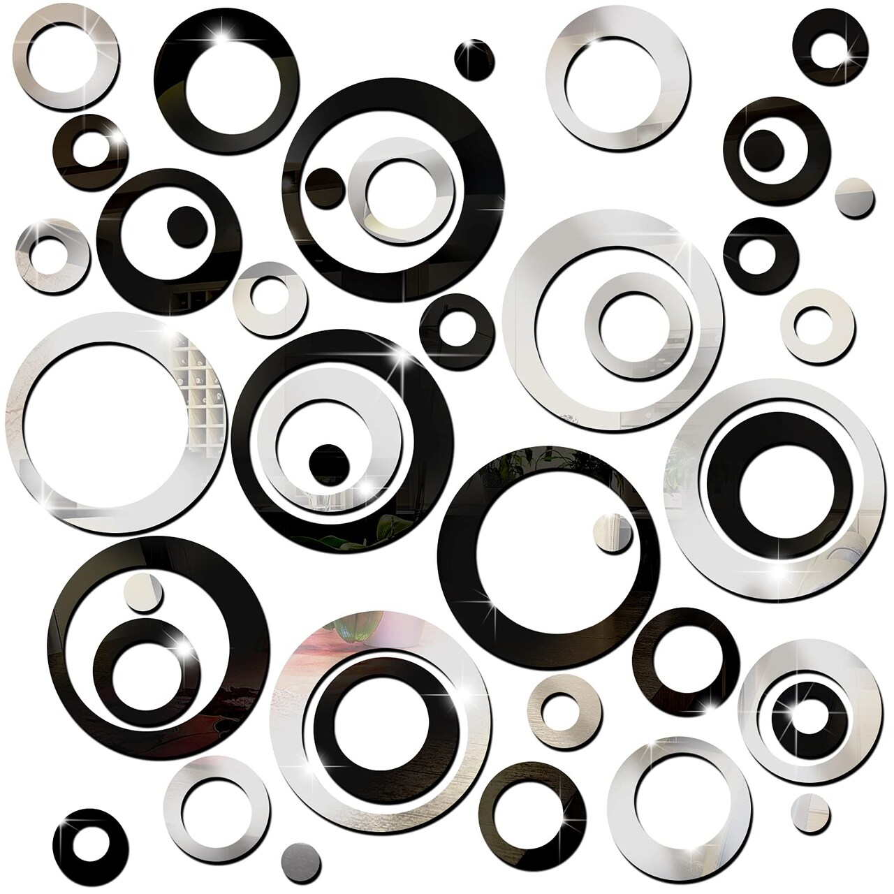 Outus 72 Pieces Wall Stickers Acrylic Circle Mirror Removable Round Dots Mirror Wall Decoration Wall Decals Murals for Home Living Room Bedroom Decor(Silver, Black)